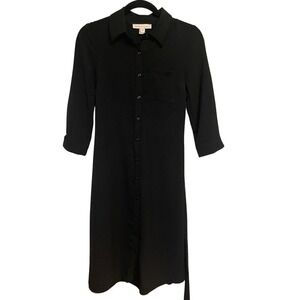 Monteau Los Angeles Black Button Down Shirt Dress 3/4 Sleeve Tie‎ Waist XS